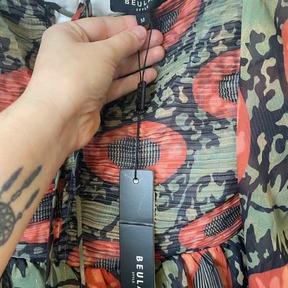 NWT BEULAH|| Mini Dress M Green Orange Abstract Tiered Fairycore Boho Cottage - Picture 5 of 9